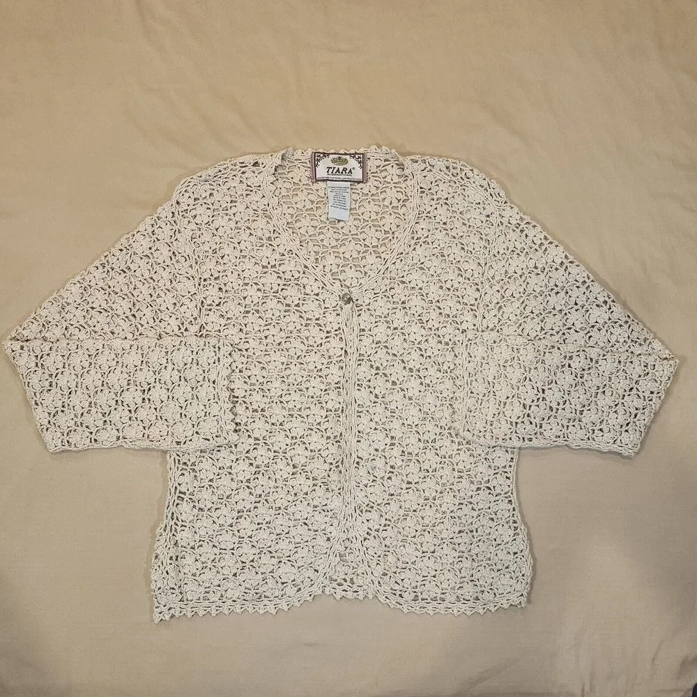 Vintage‎ Tiara International Crochet Long Sleeve Button Ramie Cotton Size XL